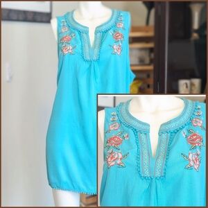 Terra & Sky Embroidered Aqua Sleeveless Tunic